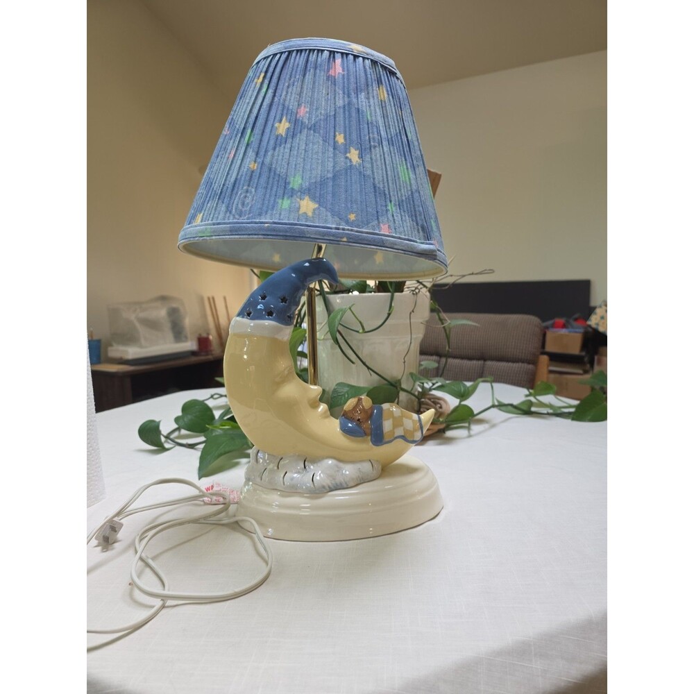 Vintage Teddy Bear Sleeping on Crescent Moon Child's Porcelain Light + Nightight